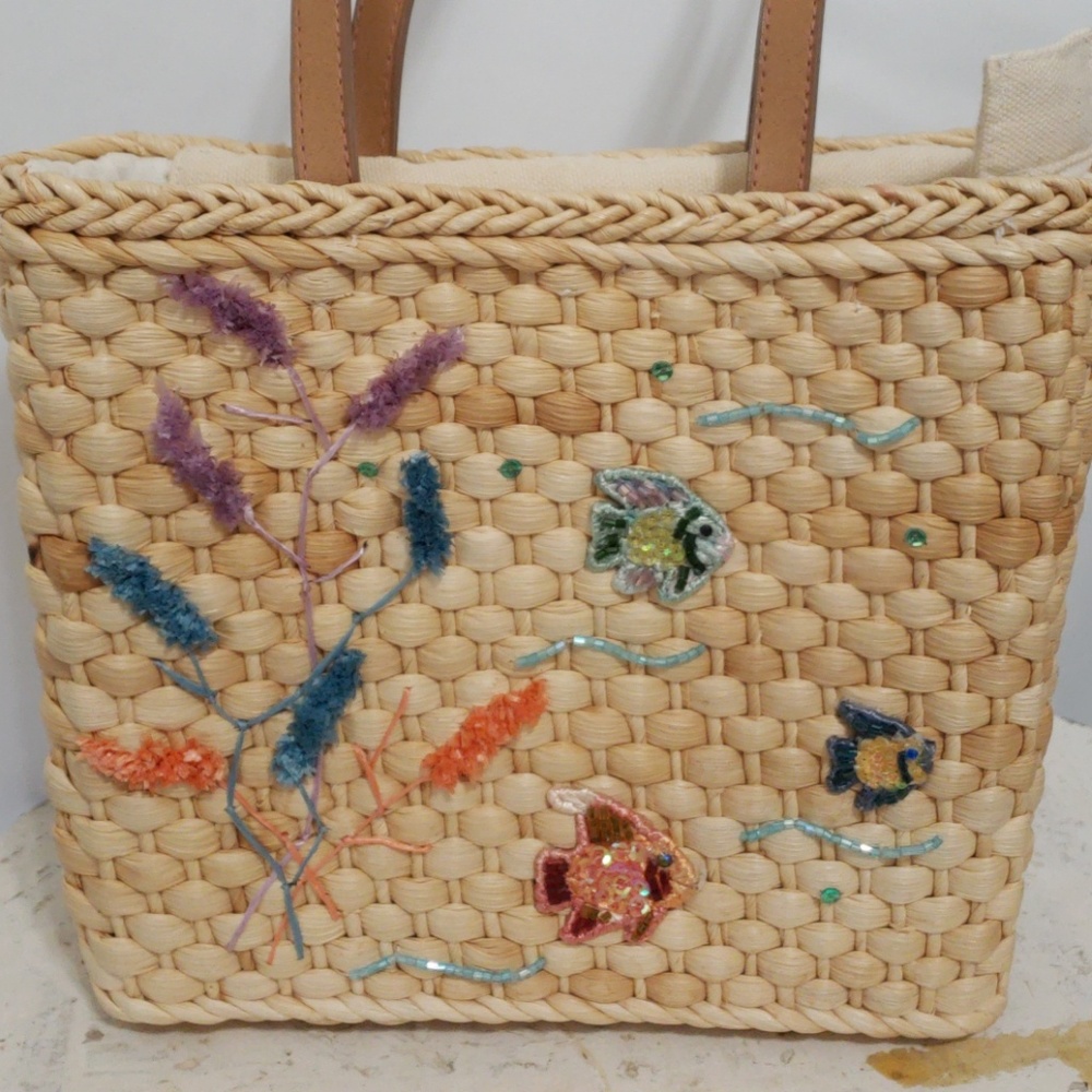 Cappelli Straworld Tan Woven Shoulder Bag with Fish Embroidery Under the Sea